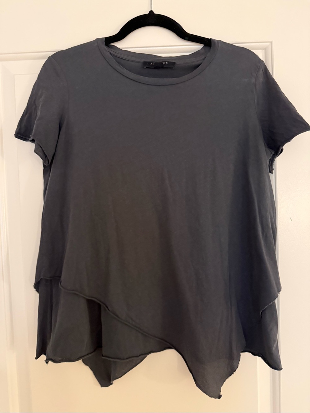 AllSaints 100% Cotton Asymmetrical Hem Tee | Small | Charcoal Gray